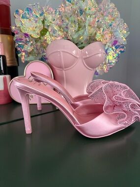 ALDO x Disney Aurora Pink Satin Ruffle Heels
